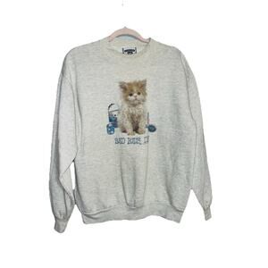 Vintage 90s Lee Bad Hair Day Kitten Sweatshirt Heather Gray Cat Graphic Large